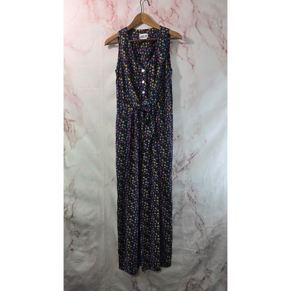 Vintage Jumpsuit Womens Small Black 90s 80s Tank Floral Wide Leg Button Tie Knot